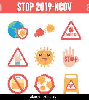 insieme di icone di segni proibiti e stop covid19 su sfondo bianco, stile piatto, illustrazione vettoriale Illustrazione Vettoriale