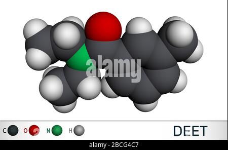 Molecola di DEET, dietiltoluammide, N,N-dietil-meta-toluammide C12H17NO. È principio attivo nei repellenti per insetti. Modello molecolare. Rendering 3D Foto Stock