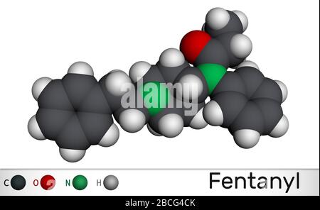 Fentanil, fentanil, molecola C22H28N20. È analgesico oppiaceo. Modello molecolare. Rendering 3D Foto Stock