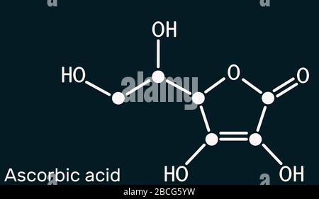 Acido ascorbico, vitamina C, molecola C6H8O6. Additivo alimentare E300. Formula chimica strutturale su sfondo blu scuro. Illustrazione Foto Stock