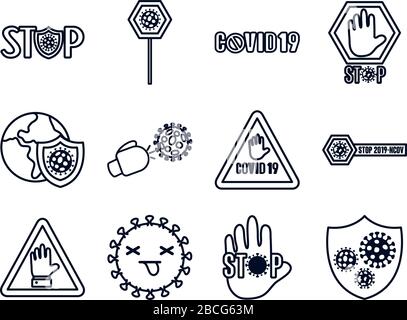 insieme di icone di stop covid19 e segni di stop su sfondo bianco, stile linea, illustrazione vettoriale Illustrazione Vettoriale