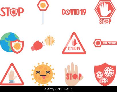 set di icone di stop covid19 e segni di stop su sfondo bianco, stile piatto, illustrazione vettoriale Illustrazione Vettoriale