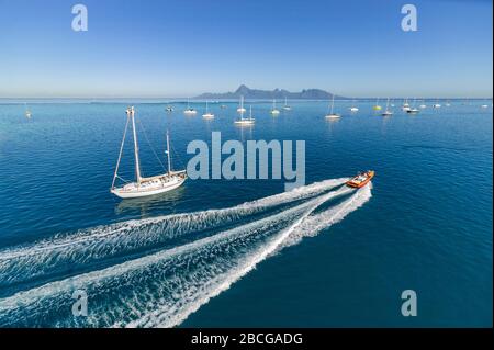 Barca a vela ancoraggio di Taina, Tahiti, Polinesia Francese con vista spettacolare sull'Isola di Moorea Foto Stock