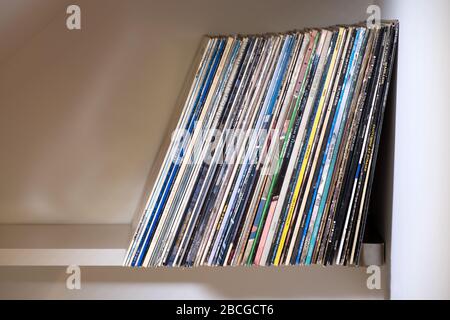 Una fila di album, o LP vinilici, memorizzati, in posizione verticale, su uno scaffale Foto Stock