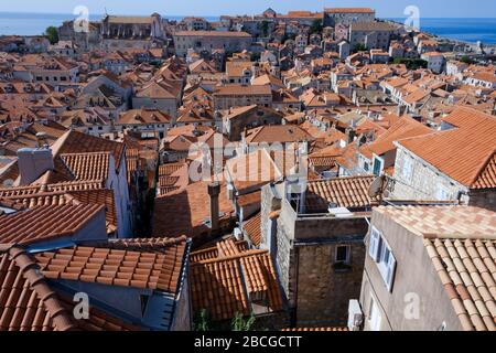 Vista sulla città vecchia di Dubrovnik. Mostra le case densamente impaccate e gli edifici e i loro caratteristici tetti di tegole rosse Foto Stock