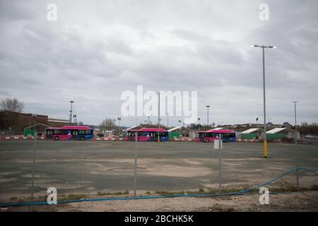 Glasgow, Regno Unito. 4th Apr, 2020. Nella foto: Nuovo centro di test con coronavirus (covid19) in stile drive-thru da aprire domani. Situato presso il parcheggio per lunghi soggiorni dell'Aeroporto di Glasgow, trasformato in un centro di test mobile in stile drive-through per supportare la risposta pandemica di |Scottish Governments Covid-19. Credito: Colin Fisher/Alamy Live News Foto Stock