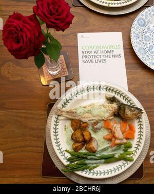 l'ultima cena covid 19 pesce piatto cena romantica rose rosse covid 19 governo opuscolo Foto Stock