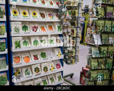 I pacchetti di semi vegetali sono allineati su rack nel negozio di ferramenta. Foto Stock