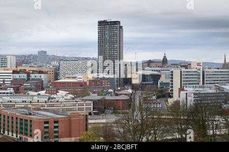 Centro di Sheffield. La St Paul's Tower nel centro, la University of Sheffield Arts Tower sulla sinistra e l'orologio del municipio sulla destra Foto Stock