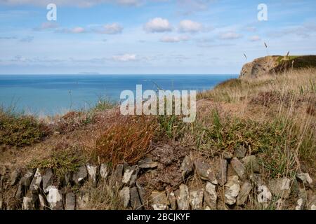 Le scogliere scoscese di Sandymouth Bay e la costa atlantica di Cornovaglia fanno una passeggiata stimolante lungo il sentiero della costa sud-occidentale Foto Stock