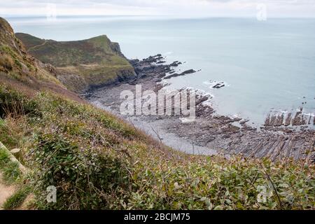 Le scogliere scoscese di Sandymouth Bay e la costa atlantica di Cornovaglia fanno una passeggiata stimolante lungo il sentiero della costa sud-occidentale Foto Stock