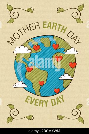 Crea ogni giorno il biglietto d'auguri per la madre Earth Day con la forma del cuore in tutto il mondo per il concetto di amore per la natura. 22 aprile ambiente cura evento design, eco-friendly Illustrazione Vettoriale