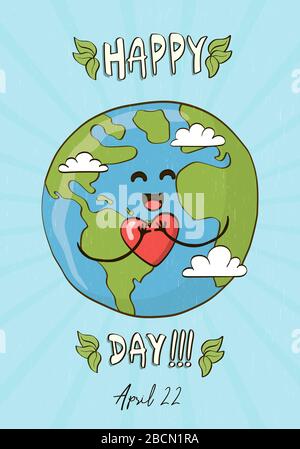 Giornata felice della terra, 22 aprile l'ambiente aiuta evento per la consapevolezza mondiale della cura della natura. Cute mano disegnato pianeta tenendo focolare, mondo verde amore cartone animato Illustrazione Vettoriale