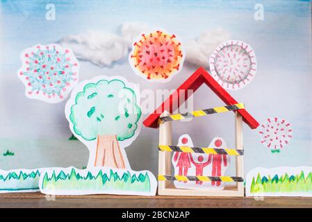 Concetto disegnato a mano di blocco globale, arresto e limitazione di movimento. Famiglia che rimane a casa in pandemia globale Foto Stock
