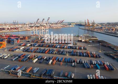 Viste aeree dei moli di trasporto dei contenitori al porto di Los Angeles Foto Stock
