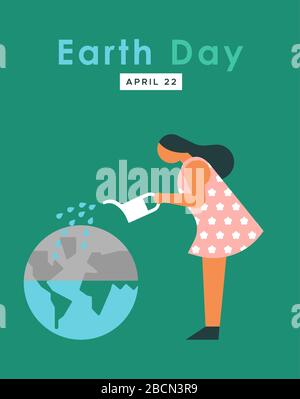 Earth Day biglietto di auguri illustrazione di ragazza annaffiatura pianeta per la conservazione dell'acqua o l'ambiente aiutare concetto in stile moderno piano cartone animato. Illustrazione Vettoriale