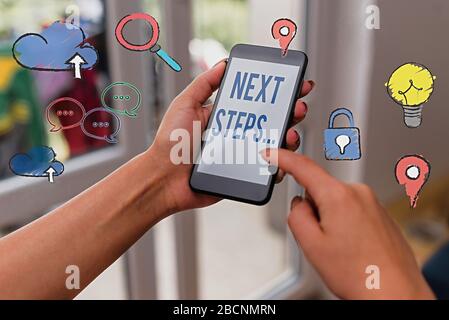 Testo per la scrittura di parole passi successivi. Foto di affari che mostra qualcosa che fate o progettate dopo che abbiate finito qualcos'altro Foto Stock