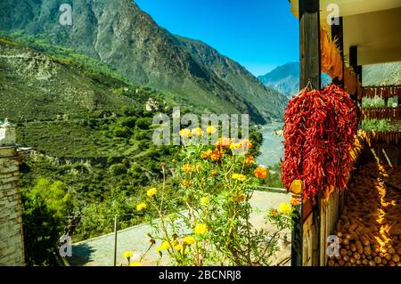 Peperoncini rossi e il mais essiccazione su un tetto nel villaggio tibetano di Suopo nell'ex Kham Regno ormai parte di Danba, nella provincia di Sichuan, in Cina. Foto Stock