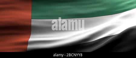 Simbolo di segno UAE. Bandiera nazionale degli Emirati Arabi Uniti ondeggiante sfondo texture, banner. figura 3d Foto Stock