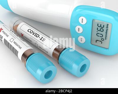 rappresentazione 3d di test di laboratorio con tampone nasale covid-19 e termometro posto su tavolo bianco. Concetto dei risultati dei test Covid-19. Foto Stock