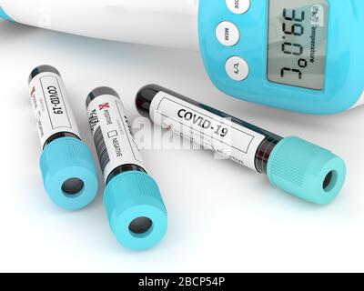 Rappresentazione 3d di campioni di sangue COVID-19 e termometro adagiato sul tavolo. Concetto di test positivi Covid-19. Foto Stock