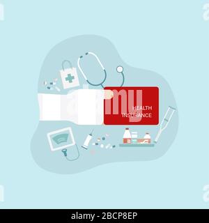 Concetto di assicurazione contro le malattie con illustrazione del vettore della scheda di assicurazione della stretta della mano Illustrazione Vettoriale