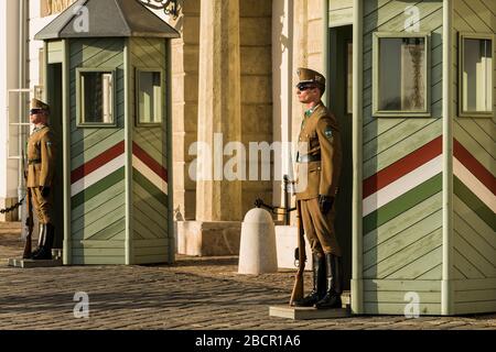 Ungheria, Budapest - Guardie al Palazzo Sandor, che è la residenza ufficiale del Presidente dell'Ungheria e la sede dell'Ufficio del Presidente Foto Stock