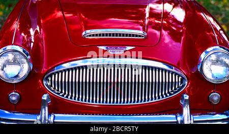 1963 Austin Healey 3000-MKII-13J7. Dettaglio fari anteriori e griglia. Foto Stock