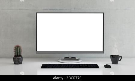Computer su scrivania con caffè, cactus e pareti in cemento rendering 3D Foto Stock