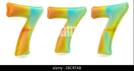 Numero 7. Segnale digitale. Palloncino gonfiabile multicolore sullo sfondo. Rendering 3D Foto Stock