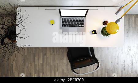 Spazio di lavoro con tavolo e impianto, laptop, tazza; adesivo, lampada da tavolo vista dall'alto parete in cemento rendering 3D Foto Stock