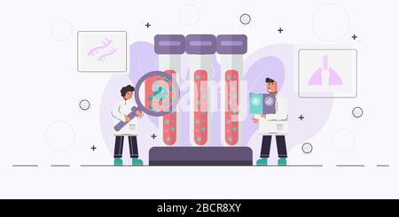 Gli scienziati medici studiano la struttura del coronavirus dal campione di sangue e l'altro ha una lente di ingrandimento ed esamina il virus. Illustrazione Vettoriale