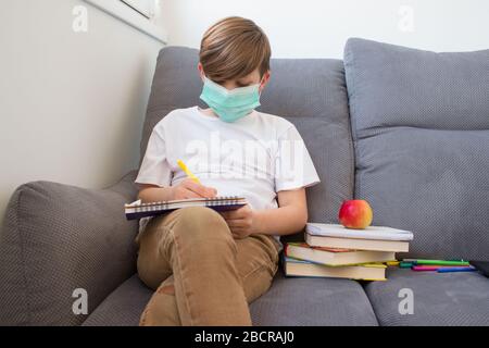 Bambino ragazzo che studia online a casa con libri, indossare maschera facciale protettiva, seduta su elegante divano grigio vicino alla finestra. E-learning, concetto di soggiorno a casa Foto Stock