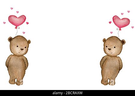 illustrazione dei cartoni animati del giorno di valentines con orsacchiotto di orsacchiotto acquerello, orsacchiotto di orsacchiotto con palloncino di cuore, carta del giorno delle madri con spazio della copia Foto Stock