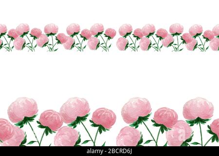 bordo senza cuciture con fiori rosa peonia, decorazione cornice floreale acquerello con spazio copia per testo, carta madre giorno o banner design Foto Stock