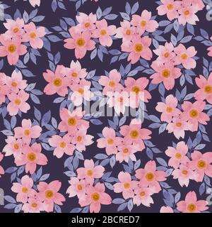 fiori rosa e foglie blu motivo senza cuciture, ideale per i tessuti estivi retrò, album, confezione regalo e progetti di design carta da parati, superficie floreale Foto Stock