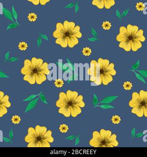 disegno floreale senza cuciture con fiori gialli, decorazione primavera acquerello, disegno di superficie botanico Foto Stock
