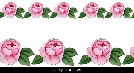 decorativo bordo senza cuciture con fiore rosa peonia, disegno floreale disegnato a mano bordo senza cuciture Foto Stock
