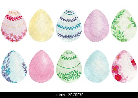 Set di colorate uova di Pasqua isolate su bianco, acquerello uova di Pasqua decorazioni in colori pastello Foto Stock