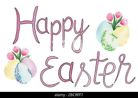 Buona carta di auguri pasquale, mano disegnata acquerello decorazione pasquale con uova, tulipani e scritto a mano buona Pasqua testo Foto Stock
