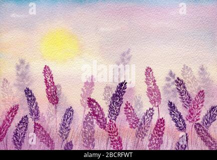 Acquerello lavanda campo in viola e rosa tonalità, bella natura astratta paesaggio design Foto Stock