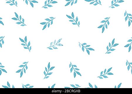 semplice mano dipinta foglie di teal senza cuciture sfondo, decorazione botanica acquerello per sfondi, carta, tessuto, avvolgimento o invito Foto Stock