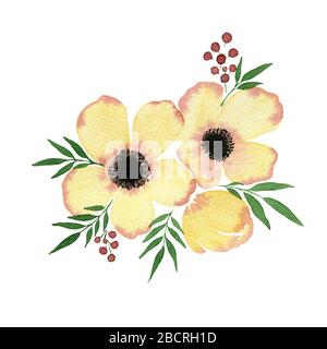 acquerello giallo fiore primavera bouquet isolato su bianco, dipinto a mano astratto anemone fiori, luminoso e bella decorazione floreale Foto Stock