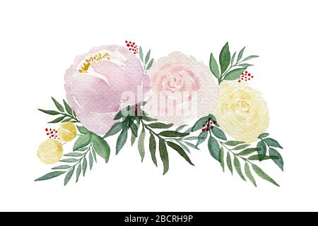 acquerello floreale con rose e fiore di peonia nei colori pastello viola rosa e giallo, bouquet floreale primavera isolato su bianco Foto Stock
