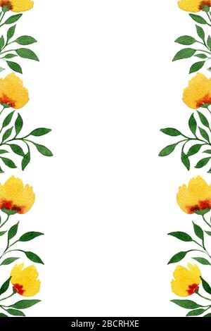 carta floreale con elementi floreali dipinti a mano e spazio copia, sfondo giorno madri con delicati fiori gialli, botanico design per carte o. Foto Stock