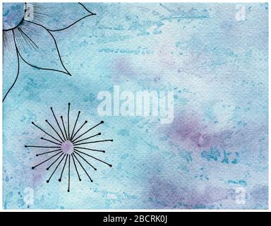 sfondo blu grunge con motivi floreali, disegno astratto dipinto a mano in blu pastello e sfumature viola, sfondo testurizzato acquerello Foto Stock