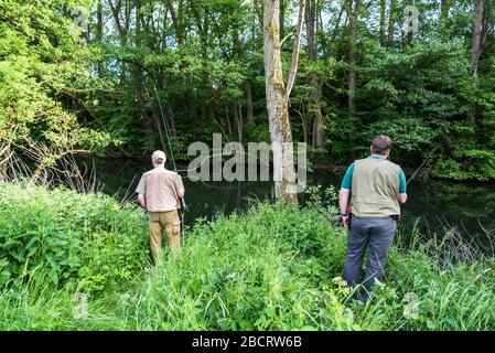 trote da pesca al fiume diemel, germania Foto Stock