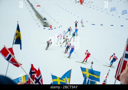 Gruppo di tifosi norvegesi e svedesi che guardano al concorso professionale di sci nordico - coppa del mondo nel nord Europa - immagine concettuale per il gioco invernale Foto Stock