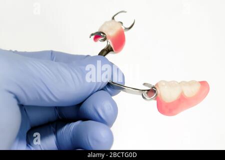 protesi ad arco parziale della mascella inferiore nelle mani del dentista Foto Stock