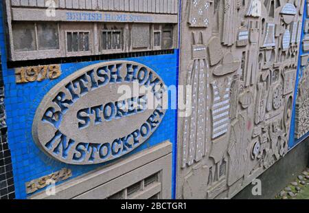 Negozi inglesi a Stockport, BHS, 1978,1934, opere d'arte murali, Merseyway Shopping Center, Stockport Town Center, Greater Manchester, UK, SK1 1PD Foto Stock